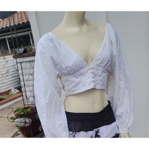 VRG GRL Linen Blend Balloon Sleeve Deep V Crop Milkmaid Fairycore Ivory Sz 8